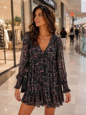 Free People Black and Pink Floral V-Neck Tiered Long Sleeve Dress